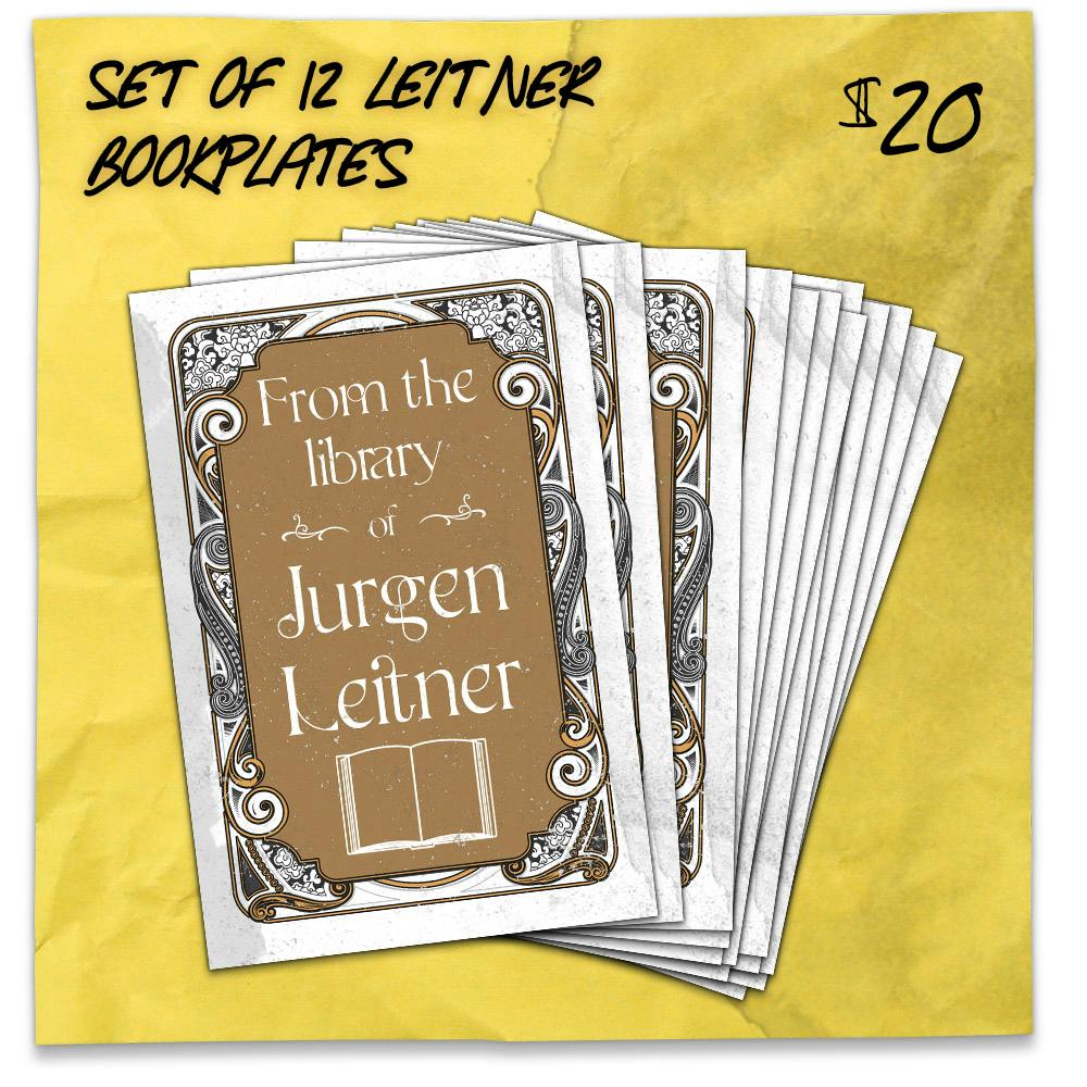 Set of 12 Leitner Bookplates. $20. 12 self-adhesive bookplates identify items from the library of Jurgen Leitner. Create immersive props, put an eerie stamp on your game books, or add an element of creepiness to any book in your collection.