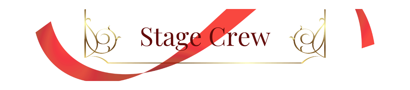 A digital rectangle-shaped banner with a red ribbon curved against a gold divider.  The word in the center, in a maroon-colored font, reads: “Stage Crew.”