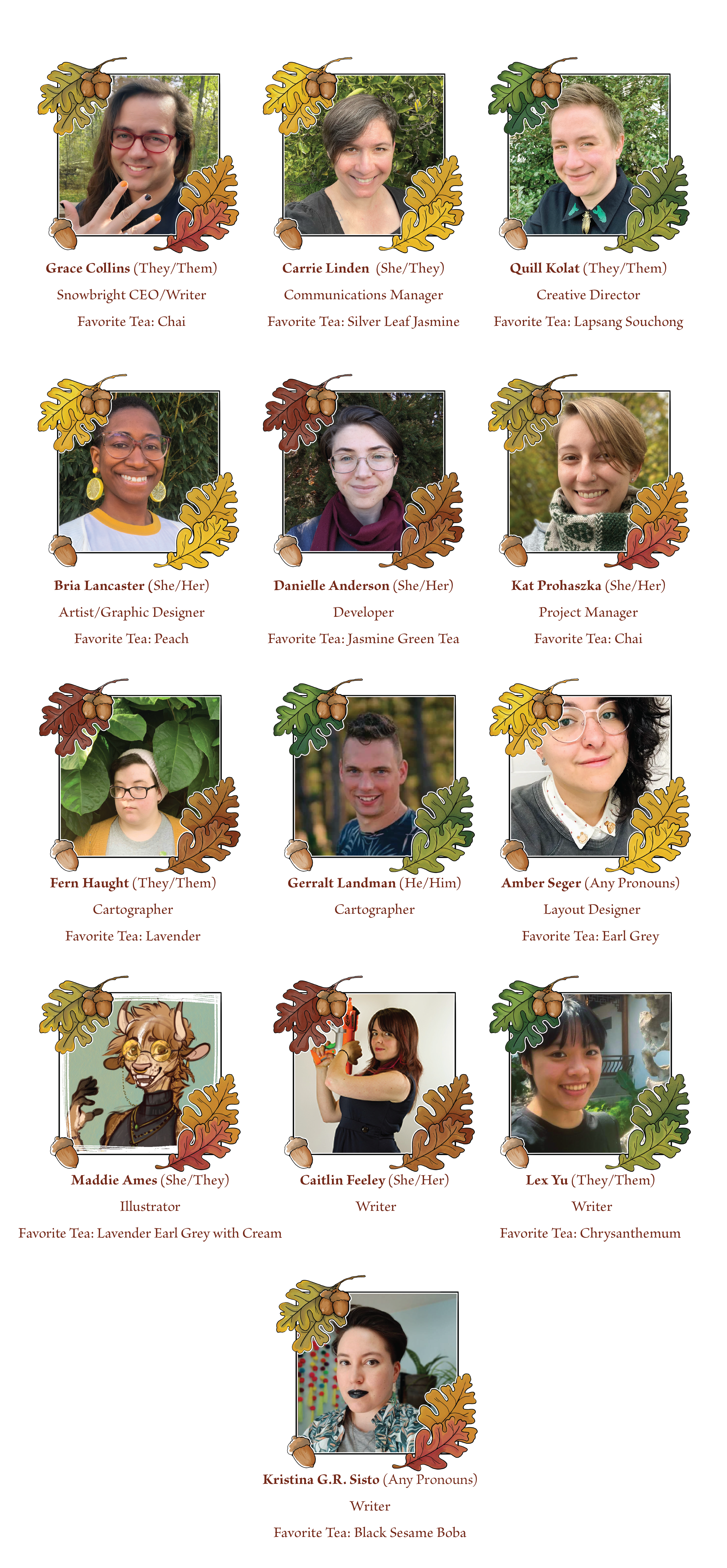 Photos of the Tea Pets Team. Grace Collins (they/them)Snowbright CEO/Writer, favorite tea: Chai. Carrie Linden (she/they) Communications Manager, favorite tea: Silver leaf jasmine. Quill Kolat (they/them) Creative Manager, favorite tea: Lapsoung souchong. Bria Lancaster (she/her) Artist/Graphic Designer, favorite tea: Peach. Danielle Anderson (she/her) Developer, favorite tea: jasmine green tea. Kat Prohaszka (she/her) Project Manager, favorite tea: chai. Fern Haught (they/them) cartographer, favorite tea: lavender. Gerralt Landman (he/him) cartographer. Amber Seger (any pronouns) layout designer, favorite tea: early grey. Madeline Ames (she/they) illustrator, favorite tea: lavender earl grey with cream. Caitlin Feeley (she/her) writer. Lex Yu (they/them) writer, favorite tea: chrysanthemum. Kristina G.R. Sisto (any pronouns) writer, favorite tea: black sesame boba
