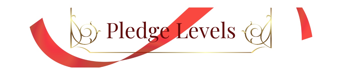 A digital rectangle-shaped banner with a red ribbon curved against a gold divider.  The word in the center, in a maroon-colored font, reads: “Pledge Levels.”