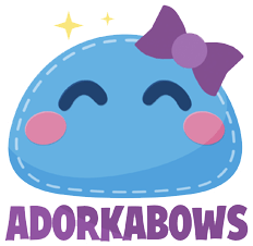 AdorkaBows Logo: a rounded bun shape in blue with smiling purple eyes, blushing cheeks, and a purple hair bow