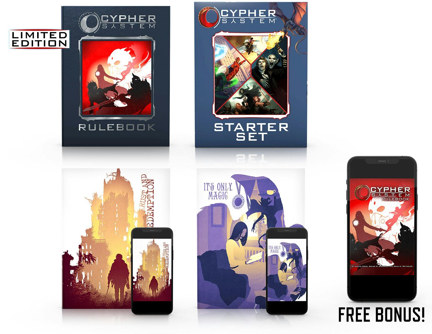 Image of several books: the Deluxe Edition of the Cypher System Rulebook, Cypher System Starter Set, Rust and Redemption in print and PDF, It's Only Magic in print and PDF, and the Cypher System Rulebook as a free bonus PDF.