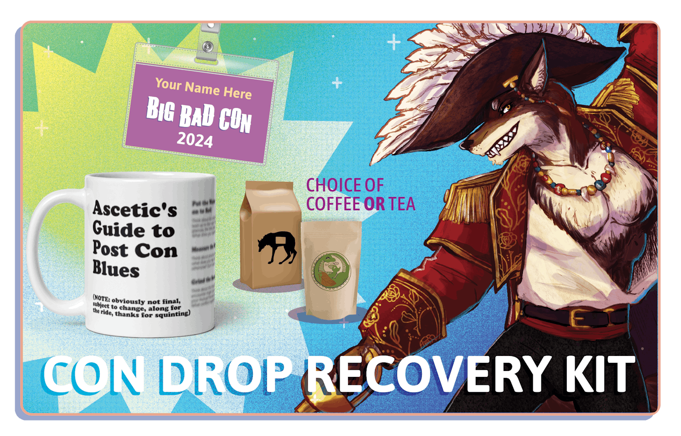Title: Con Drop Recovery Kit. Images of a Badge, Mug, Coffee, Tea, and The Wolf Mascott