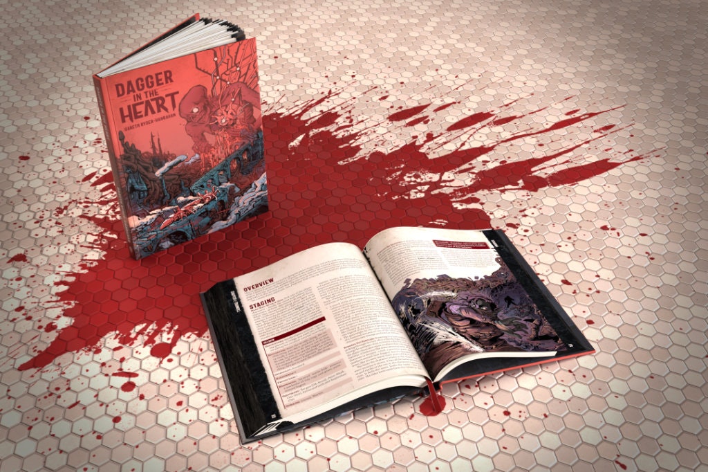 A mockup render of the Dagger in the Heart book with fake blood splattered around it.