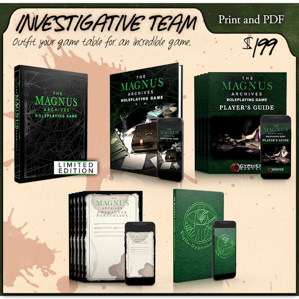 Investigative Team backer level. Outfit your game table for an incredible campaign. Print and PDF. $199.