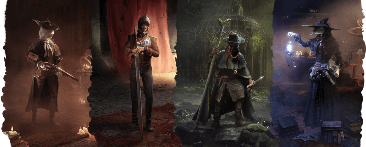 An illustration of four Hunters, each on different background. A pale, bespectacled woman wield a rifle; a soldier in Regency or Victorian style uniform holds a two-handed sword; a priest in a black hat and cloak carries a staff and a knife; a plague doctor holds a book and a lantern.