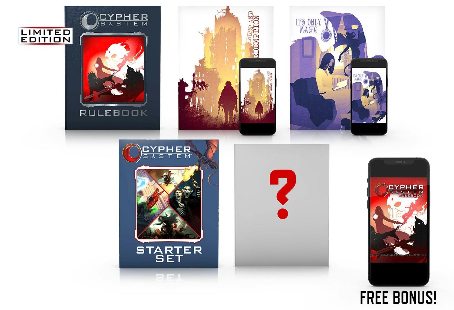 Image of all the books listed above, plus the Cypher System Rulebook as a free bonus PDF.