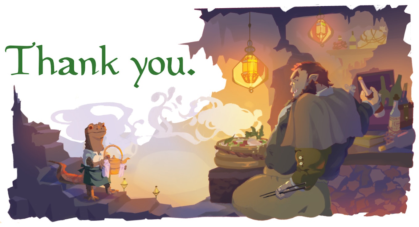 A colorful illustration of a large ogre with red hair and a fancy olive green cloak and kilt holding a pair of chopsticks and reaching for a wine bottle as he enjoys a steaming pot of stew. Across from him, a very small kobold in an apron holds a golden teapot which is also steaming.