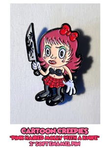 Cartoon Creepies Pink Haired Molly with a Knife 2" Soft Enamel pin designed by Frank Forte