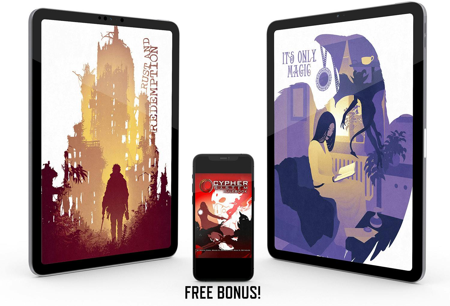 Image of Rust and Redemption and It's Only Magic in PDF, as well as the Cypher System Rulebook as a free bonus PDF.