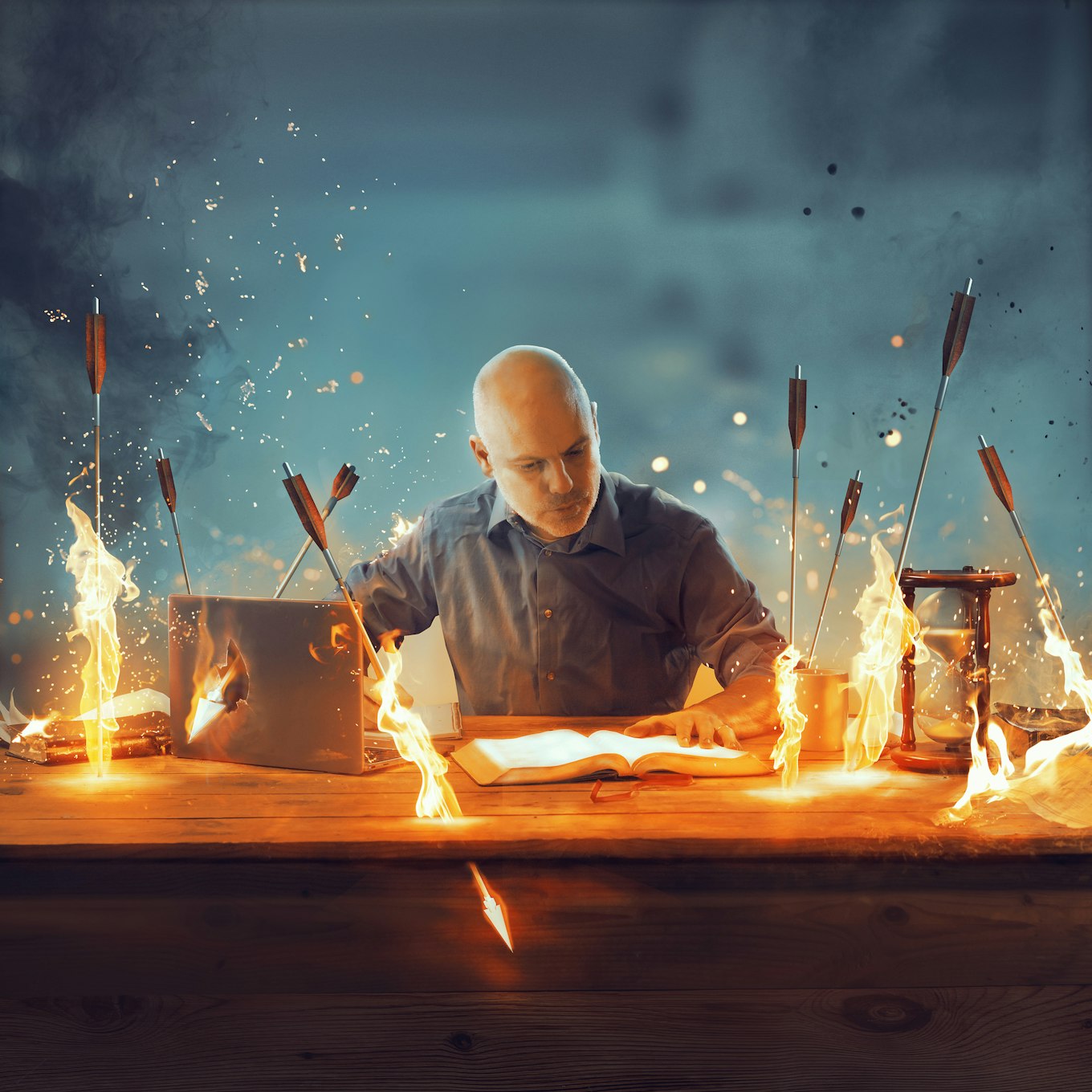 Man reading, with flaming arrows hitting desk around him.