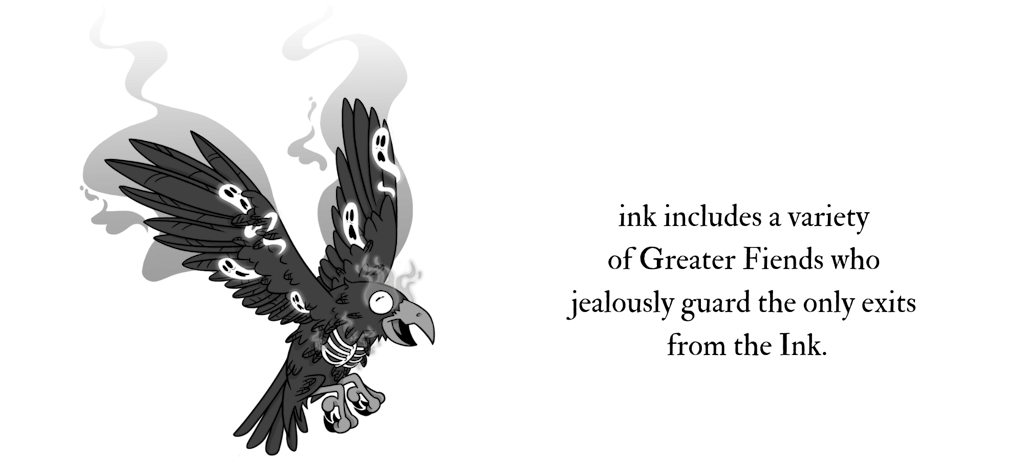 Image of a firebird Greater Fiend. The text reads, ink includes a variety of Greater Fiends who jealously guard the only exits from the Ink.