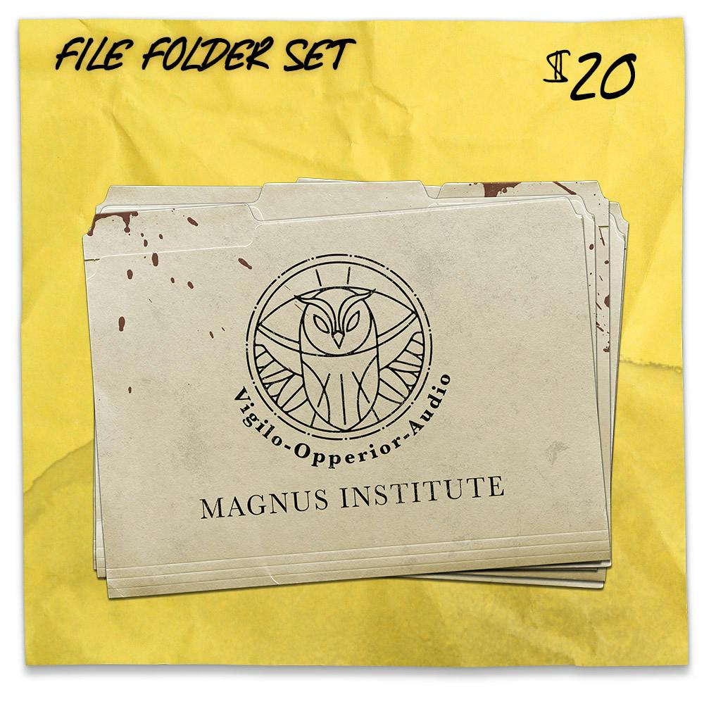 File Folder Set. $20. Store and organize your handouts, maps, images of characters, creatures, and artefacts, and other game items; or use them as an element of immersive props to support your adventures. You get a dozen Magnus Institute file folders in this set.