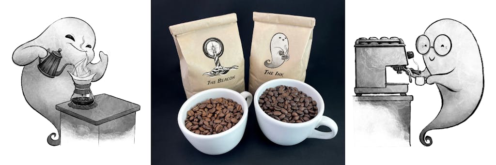 This is a picture of  two bags of coffee and two cups filled with coffee beans, images of ghost brewing coffee flank the image on both sides