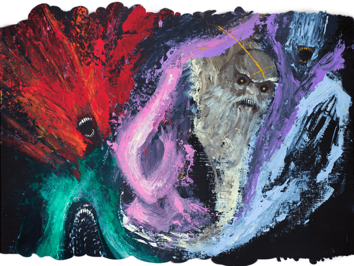 A collage of oil paintings depicting the snarling, screaming, inhuman faces of the six Grand Malignancies