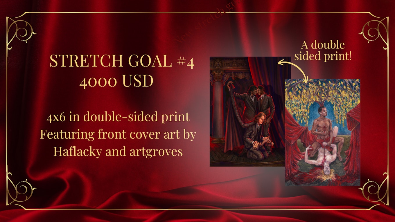  A rectangle-shaped digital graphic with a maroon-colored satin backdrop and a gold frame. On the top reads: “Stretch goal #4 - 4000 USD.”  Beneath the line reads: “4x6 in double-sided print. Featuring front cover art by Haflacky and artgroves.” To the right are mockups of both covers.  A golden double-sided arrow with the words “A double sided print!” connects them both.
