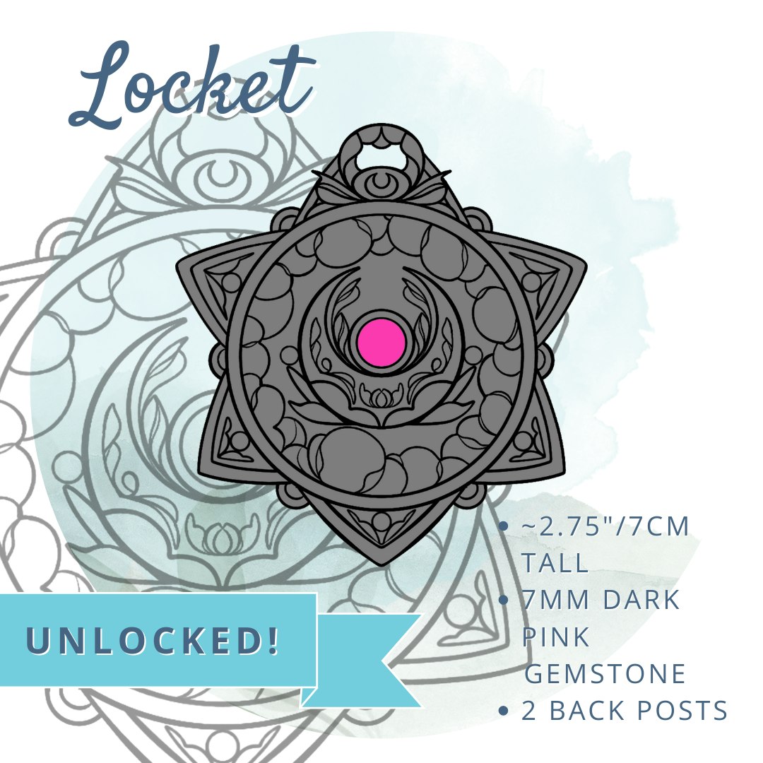 The Locket pin design, a six pointed star with floral elements and a crescent moon with a dark pin gem at the center