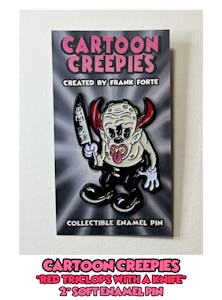 Cartoon Creepies Red Triclops with an Knife 2" Soft Enamel pin designed Frank Forte