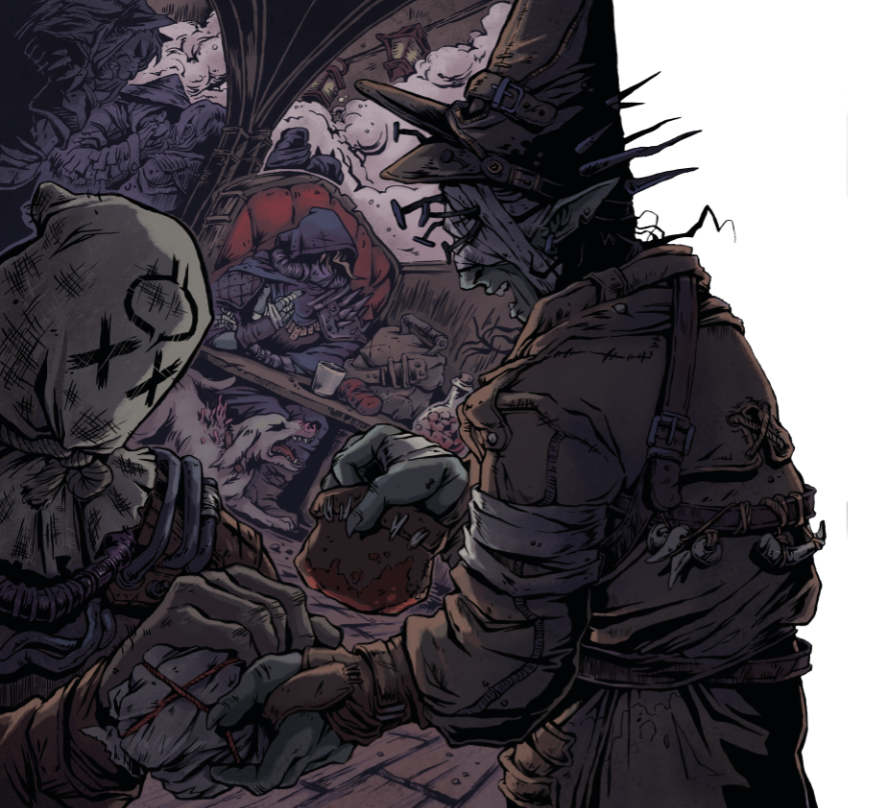  A drow in a run down junk-store is exchanging goods for coin with an individual wearing a sack cloth over their head 