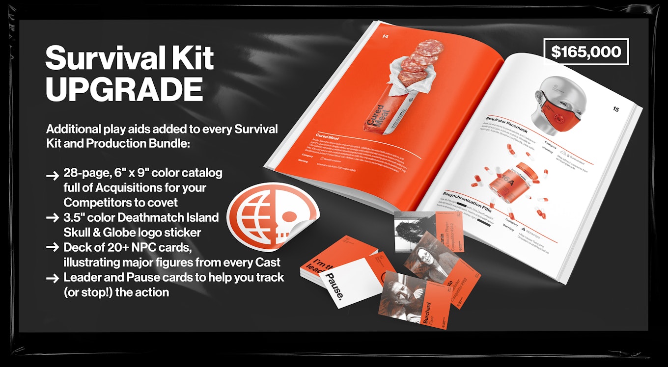A mockup of a deck of cards, a circular sticker with the Deathmatch Island logo, and a bright orange catalog opened to a page which shows Cured Meat, a Respirator Facemask, and Resynchronization Pills. Caption: Survival Kit Upgrade. Additional play aids added to every Survival Kit and Production Bundle.