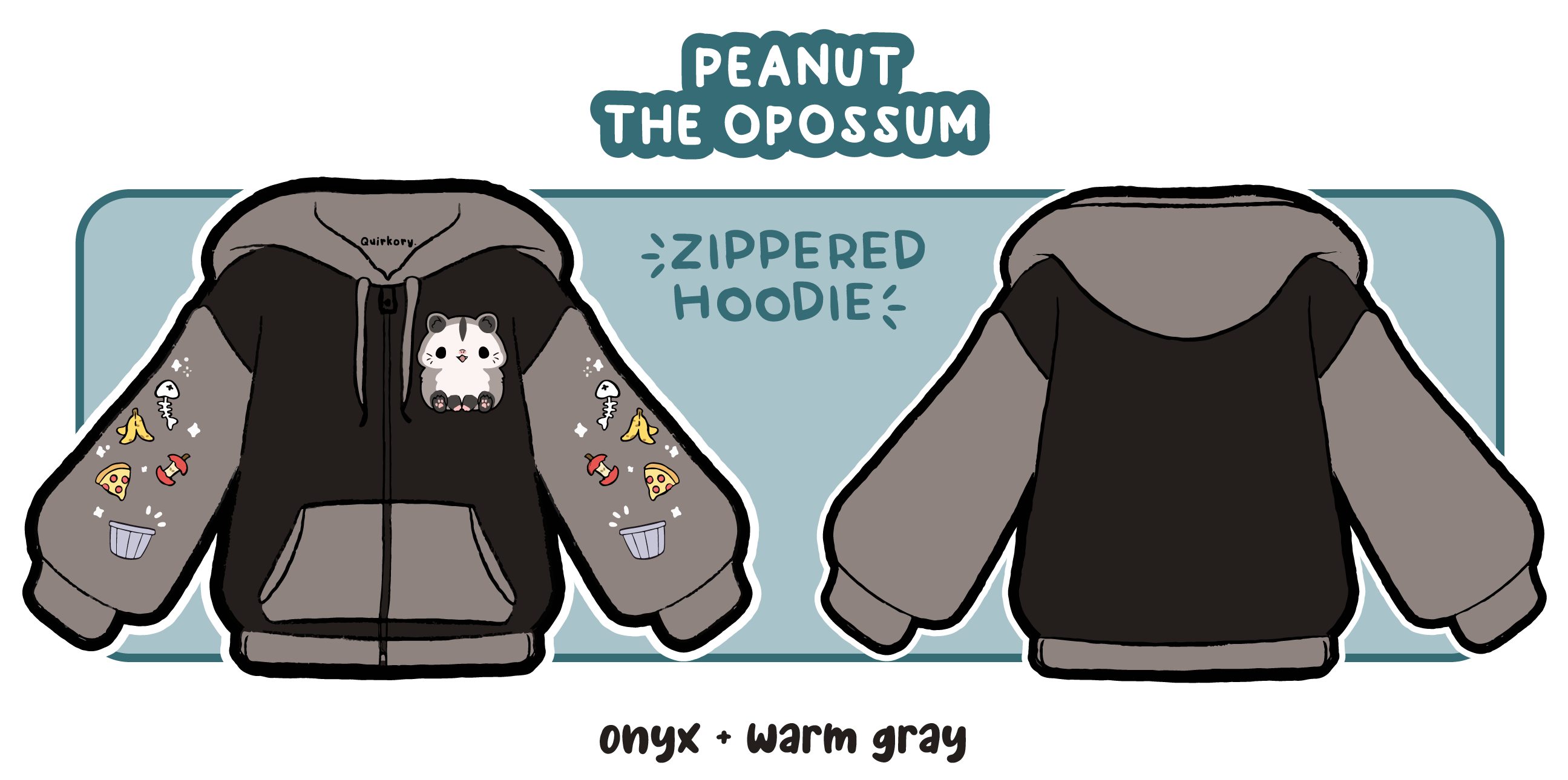 Peanut the Opossum Zippered Hoodie | Onyx + Warm Gray