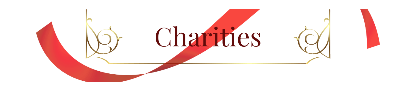 A digital rectangle-shaped banner with a red ribbon curved against a gold divider.  The word in the center, in a maroon-colored font, reads: “Charities.”