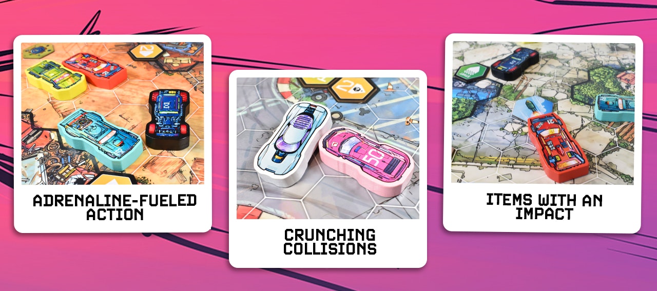 This is an image of three white polaroid style photo frames against a pink background. The first frame contains a photo of 4 wooden cars on the track of the board game with the caption "Adrenaline-fueled action". The second frame contains a photo of two wooden cars with the pink car crashing into the white car. It has the caption "Crunching Collisions". The third frame contains a photo of a wooden red car firing a missile in the form of a cardboard token at a black car ahead of it. It has the caption "Items with an impact".