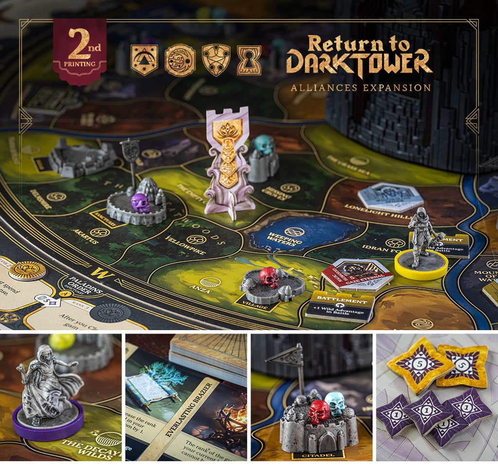 image collage for Alliances expansion. Game set up with power skulls and the new heroes, focus on haunted recluse miniature, everlasting bazaar treasure card, power skulls on building with guild flag, influence tokens