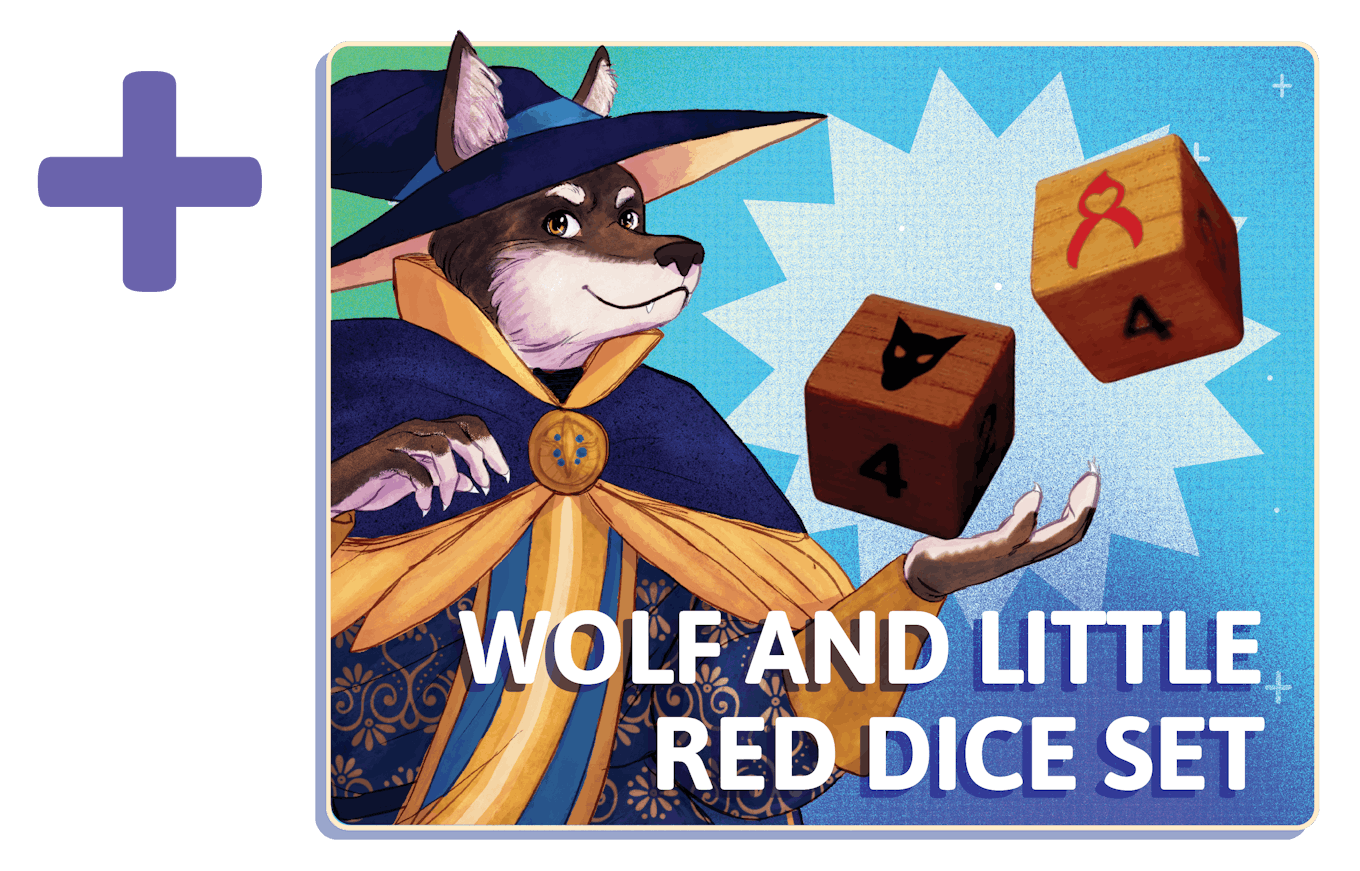 Wolf holding dice that on the "6" side have Wolf and Red logos