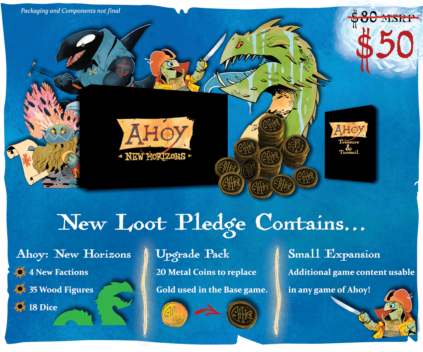  The New Loot pledge level includes:  4 new factions, including: The Blackfish Brigade The Shellfire Rebellion The Leviathan The Coral Cap Pirates. Deluxe metal coins to replace the cardboard coins in the Ahoy base game. A mini expansion of brand new content. About $80 of retail value for just $50.
