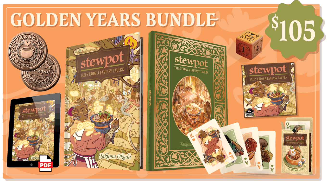 Golden Years Bundle: Hardcover, Limited Edition Hardcover, Roll20 Bundle, PDF, Coin, Wooden Die, Deck of Cards: $105
