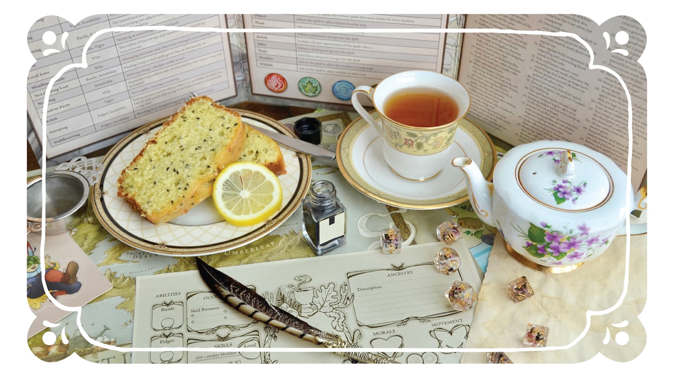 A game night tea setting with Lemon Sass-ame cake