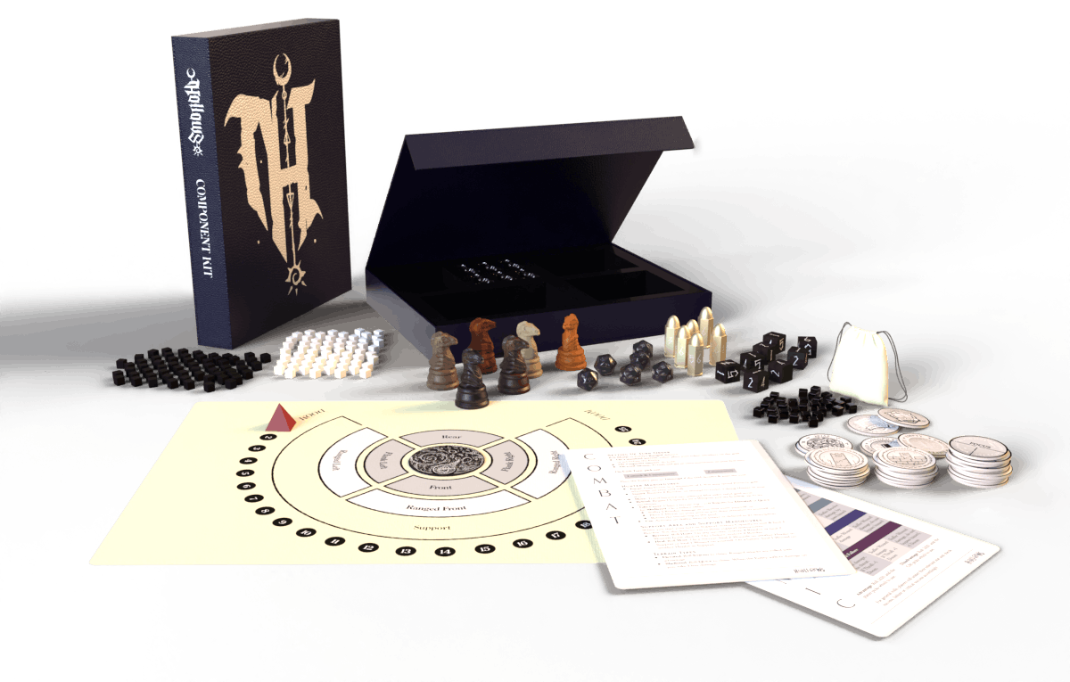 The Hollows component kit. A black box of a similar size to a hardback rulebook, with the contents spread out in front of it. Include the tactical grid on a sheet of cotton, dice, chess piece shaped player pieces, and an array of other tokens made of wood and plastic.