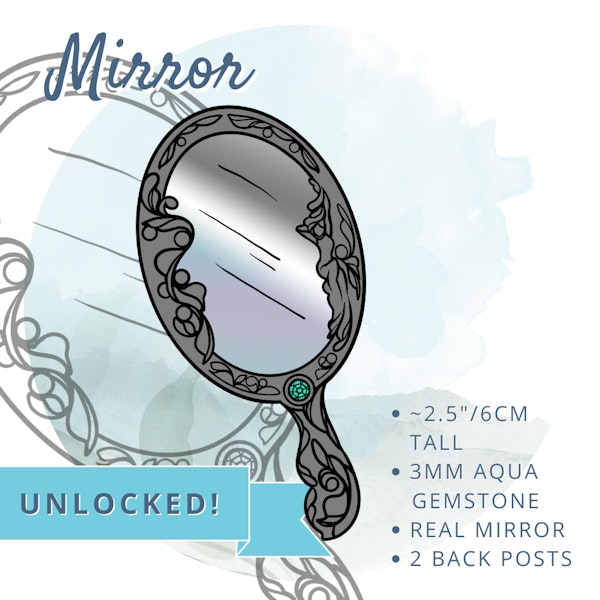 Mirror Pin: ~2.5" or 6cm tall with a 3mm aqua gem and two back posts