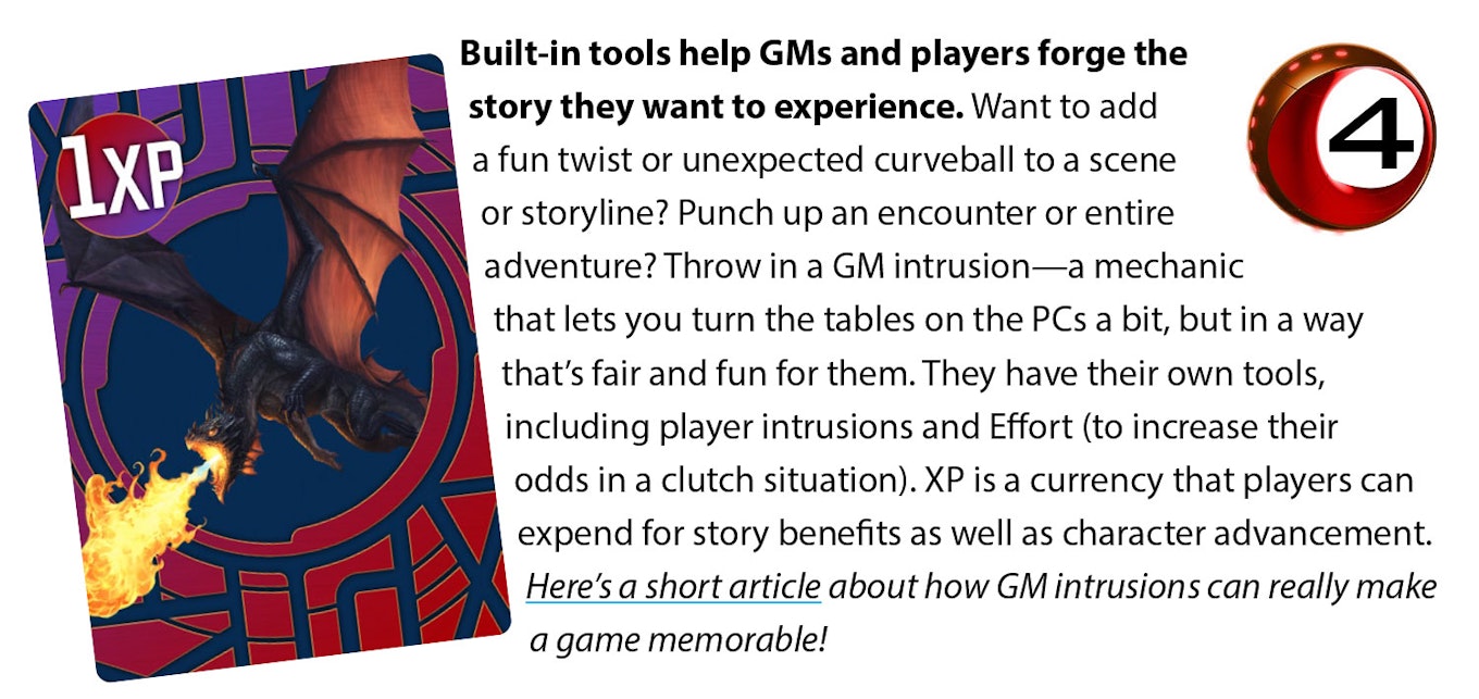 Built-in tools help GMs and players forge the story they want to experience. Want to add a fun twist or unexpected curveball to a scene or storyline? Punch up an encounter or entire adventure? Throw in a GM intrusion—a mechanic that lets you turn the tables on the PCs a bit, but in a way that’s fair and fun for them. They have their own tools, including player intrusions and Effort (to increase their odds in a clutch situation). XP is a currency that players can expend for story benefits as well as character advancement. Here’s a short article about how GM intrusions can really make a game memorable!