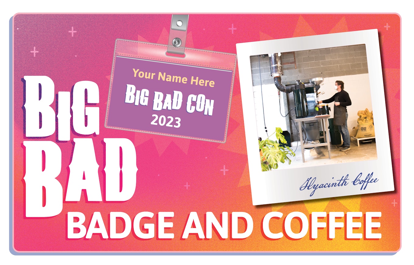 Image of Denny Peseau roasting coffee and a a Big Bad Con badge