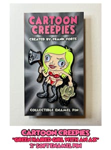 Cartoon Creepies Green Haired Girl with an Ax 2" Soft Enamel pin designed by Frank Forte