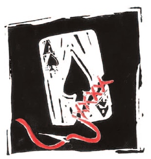 A lino print of the Ace of Spades with red stitching.