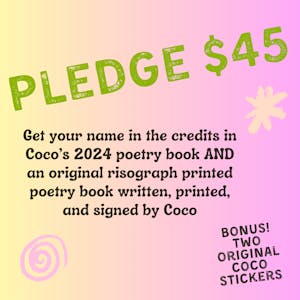 Your name in Coco's poetry book, Coco's original art stickers, and Coco's new book of poetry