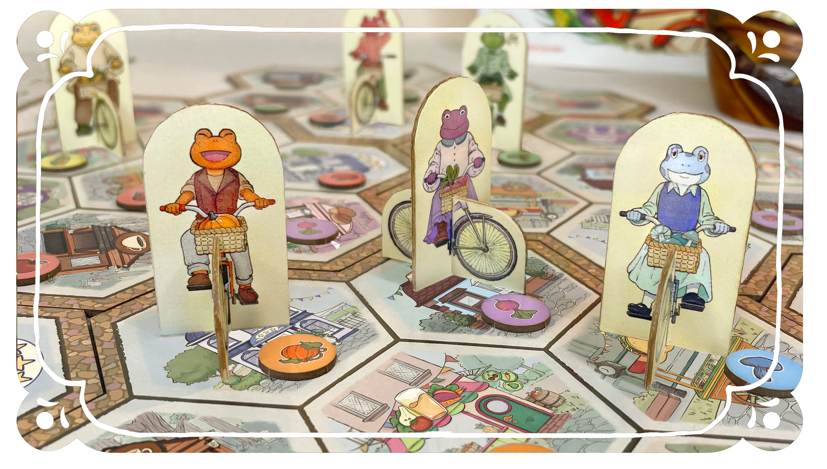 Harvest Hoppers game board, standees and tokens all set up for gameplay