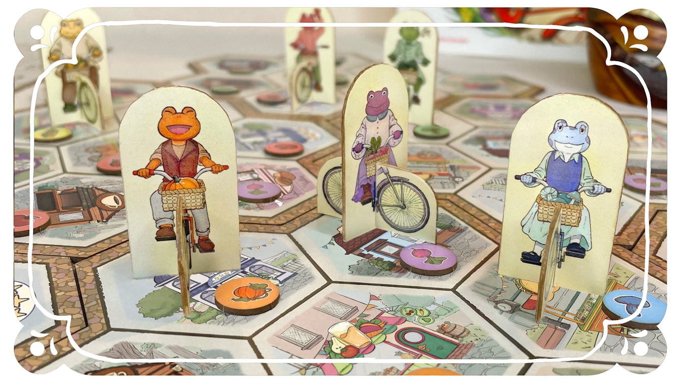 Harvest Hoppers game board, standees and tokens all set up for gameplay