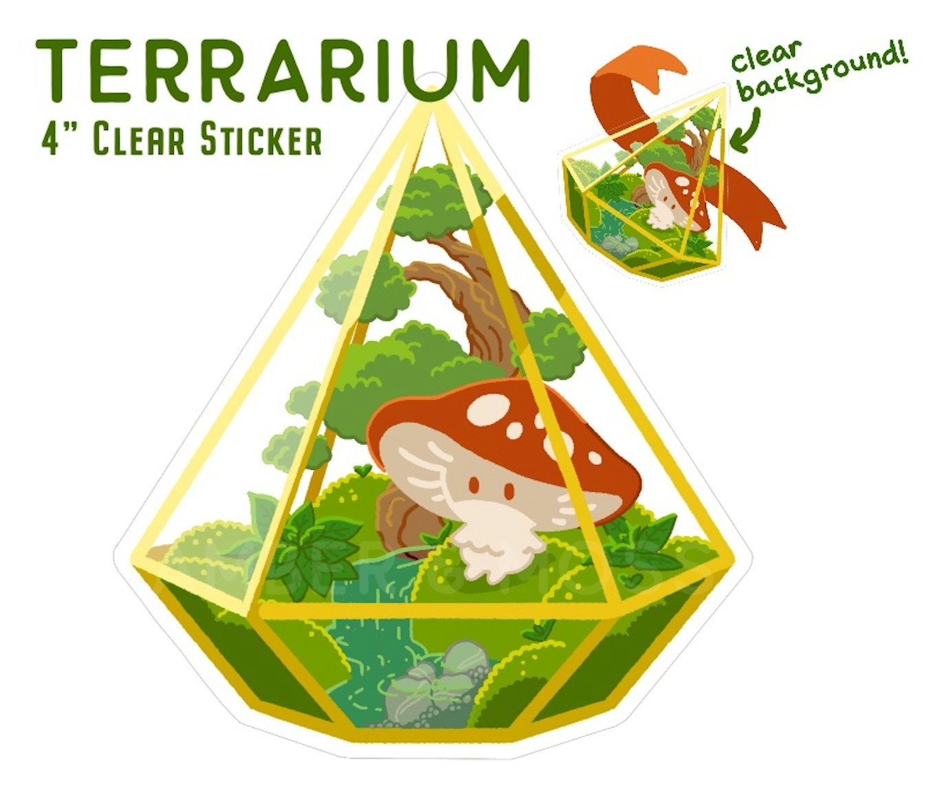 Terrarium sticker is of a small glass terrarium with gold joints. Inside is Amini mushroom sprite sitting on moss. There is a little landscape of moss, a small bonsai tree, and some small leafy plants. There is a tiny stream flowing through with rocks at the end.