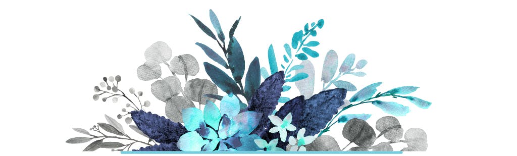 A graphic horizontal element with blue, navy, and silver florals and the words: About Us