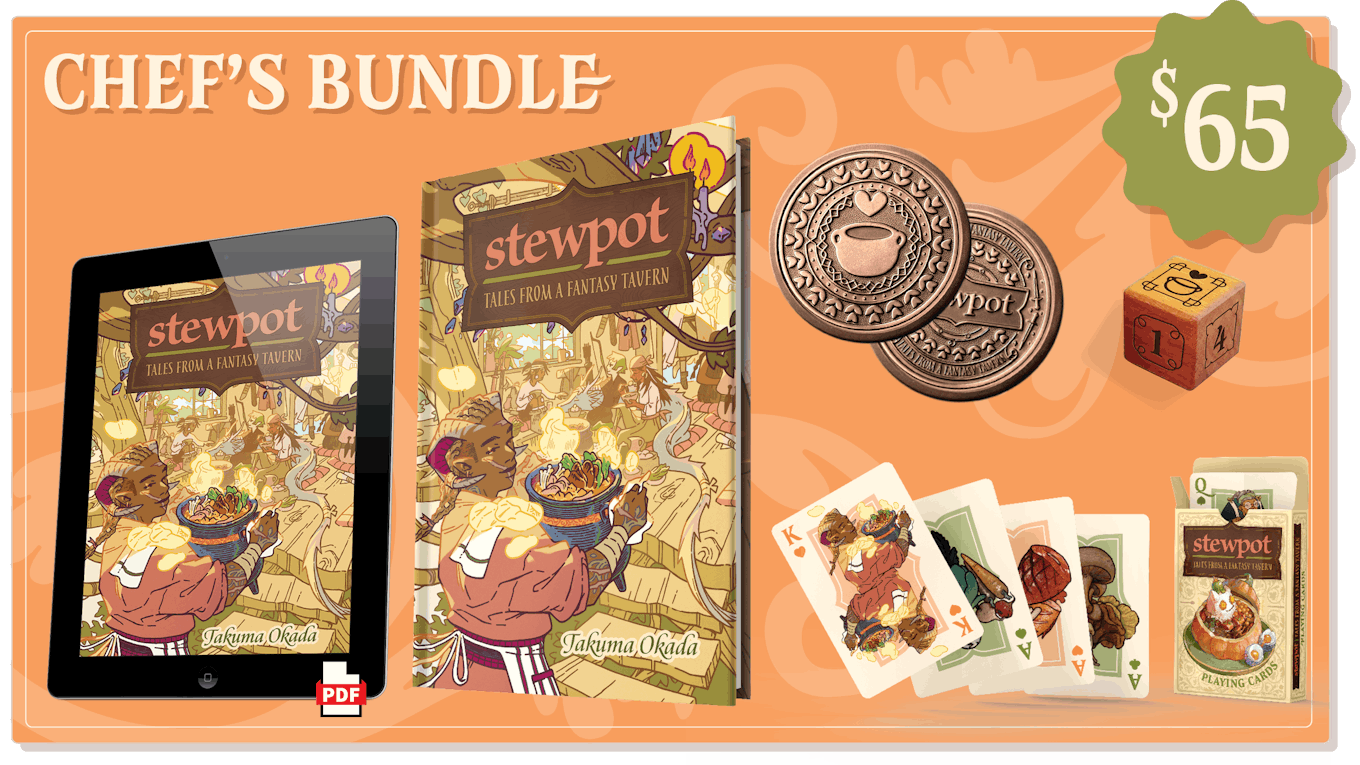 Chef's Bundle: Hardcover, PDF, Coin, Wooden Die, Deck of Cards: $65