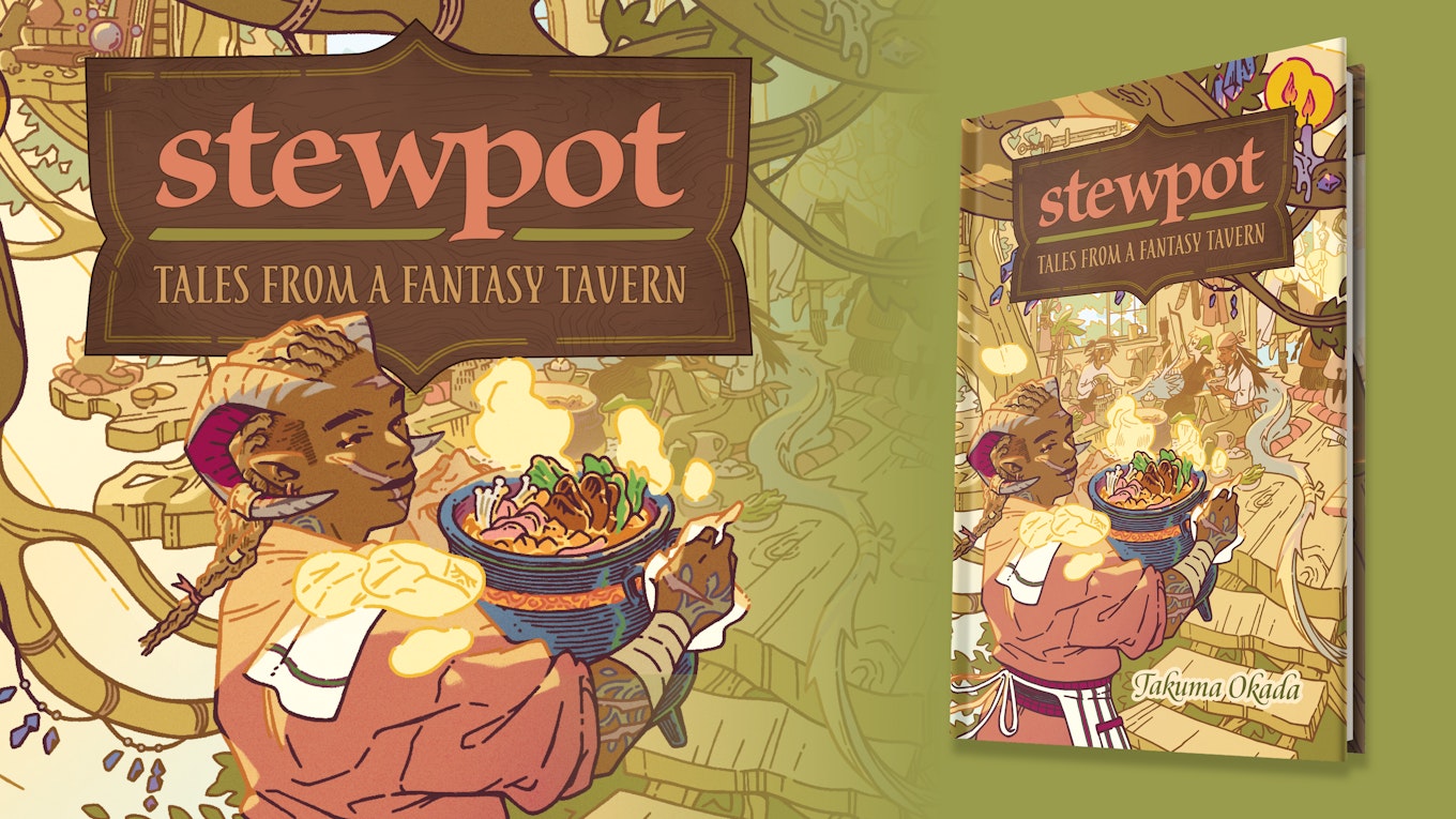 On the left, an inset illustration of a tiefling serving a steaming pot of stew. On the right, a 3D mockup of the hardcover version of the game.