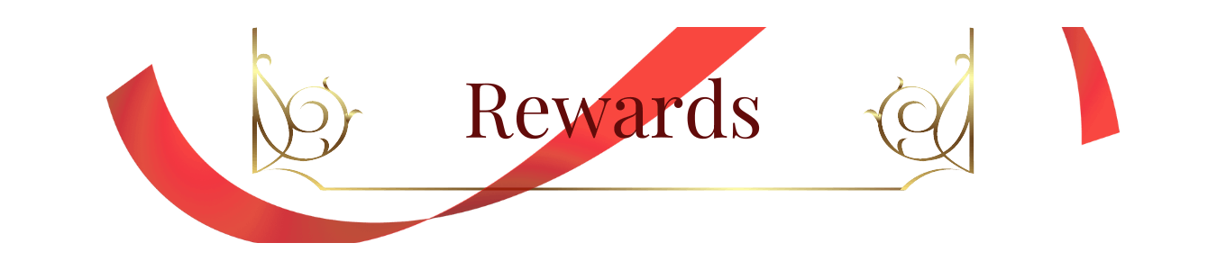 A digital rectangle-shaped banner with a red ribbon curved against a gold divider.  The word in the center, in a maroon-colored font, reads: “Rewards.”