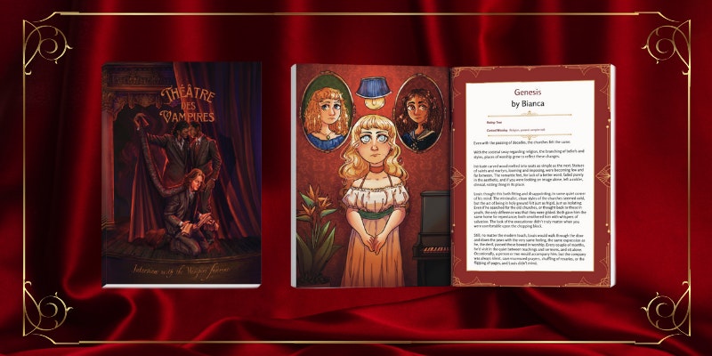 A digital rectangle-shaped banner with a gold frame, against a red silk background.  There are two mockups: one on the left is the front cover of our fanzine, while the one on the right is a flat lay spread of two interior pages, the one on the left features an art piece of different iterations on Claudia, the one on the right is the first page of a written submission titled Genesis