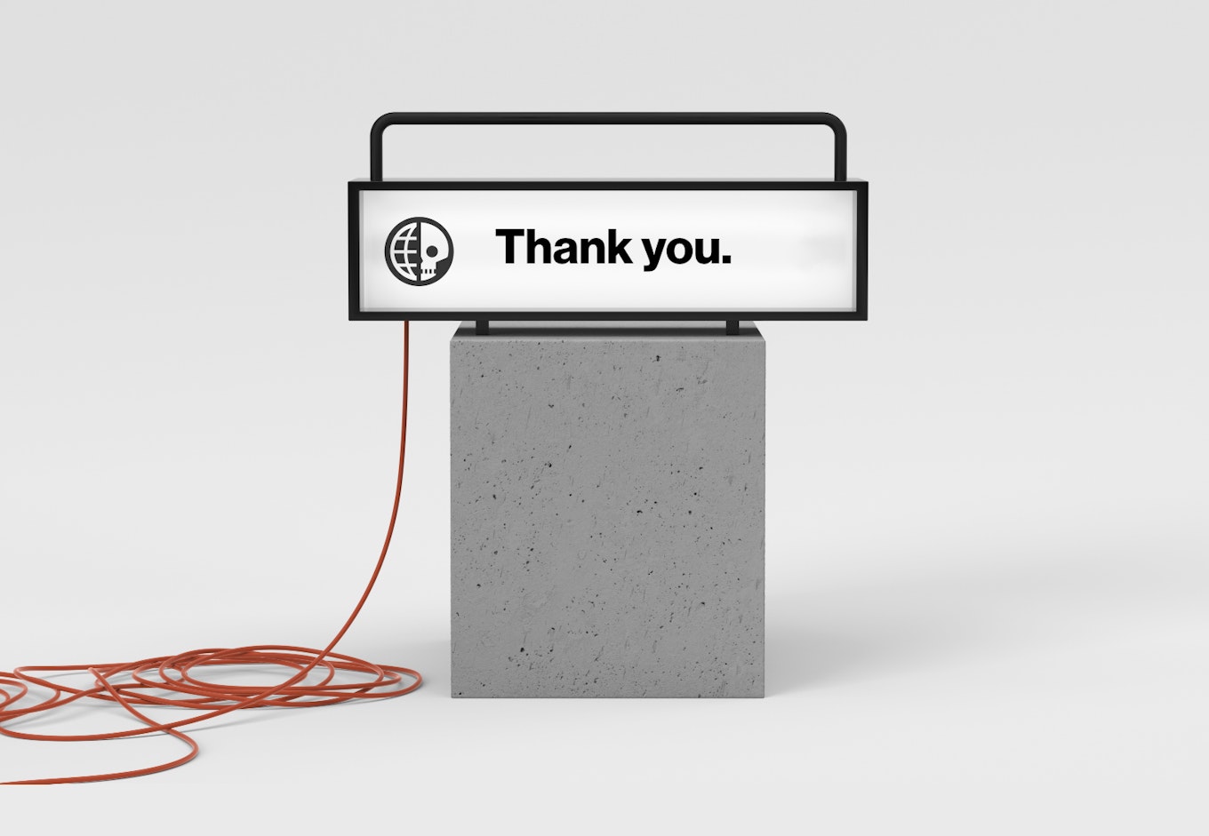 A photo mockup of a large lightbox plugged into an orange extension cord. It sits atop a grey concrete block. The face of the lightbox features the Deathmatch Island logo and the words Thank you.