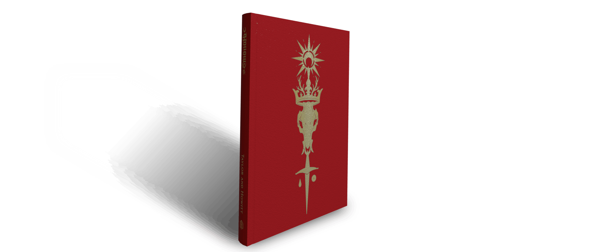 The special edition of Hollows. A hardback book with a red cloth cover showing the four faction symbols arranged in a column - a sunburst with a crescent moon at the centre, an antlered crown, a boar's skull, and a dagger. The faction symbols are gold foil.