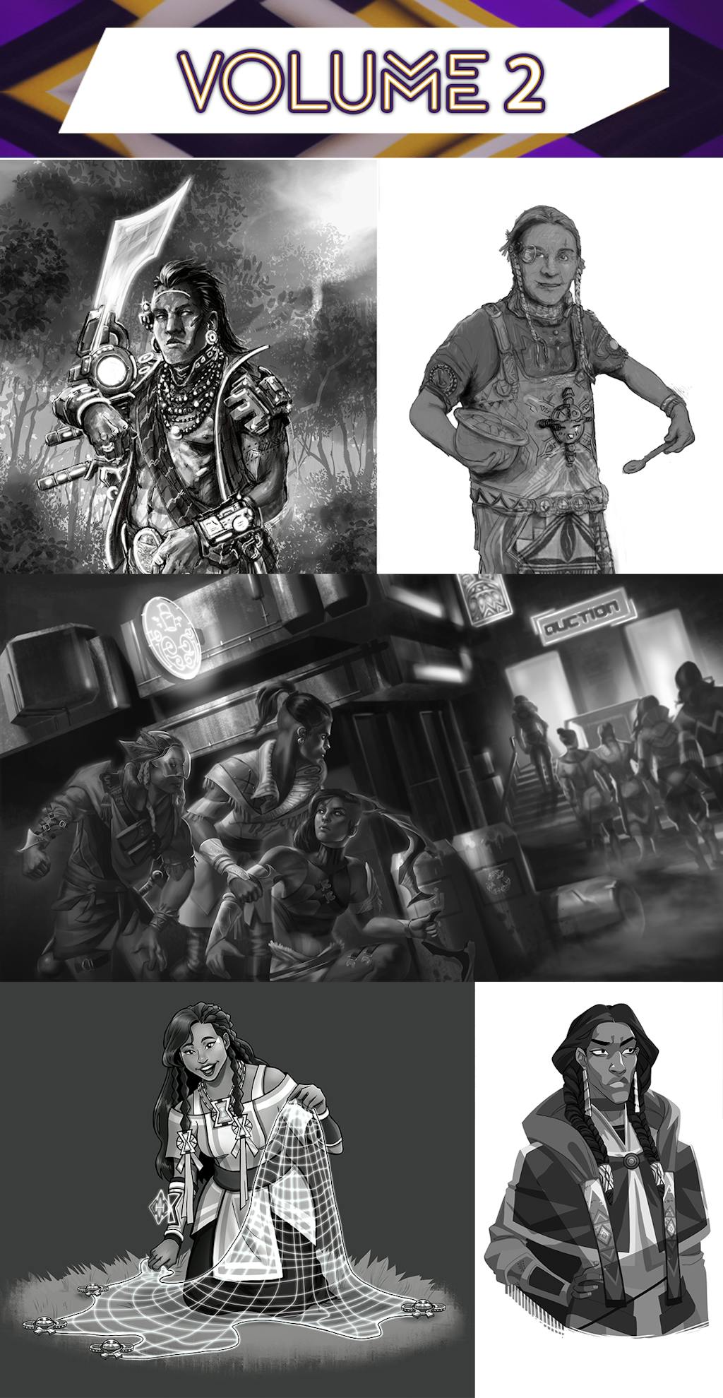 A collage of some of the art from Stories of the Free Lands Volume 2